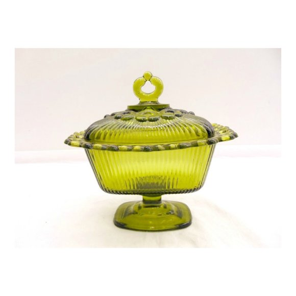 vintage Green Glass Open Lace Edge Candy Dish Compote - Picture 4 of 4